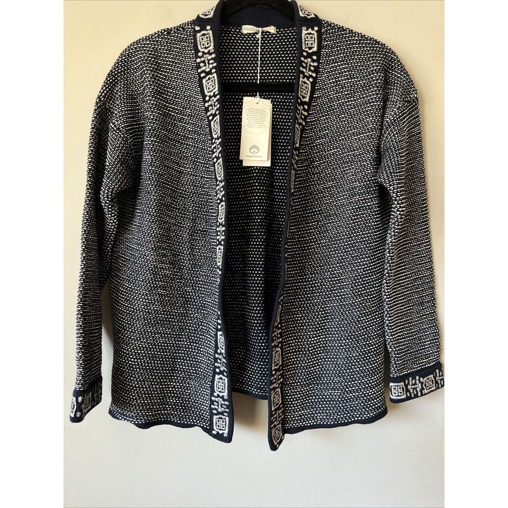 Woolovers Embroidered Cardigan Sweater Size Small Navy Cream Organic Cotton